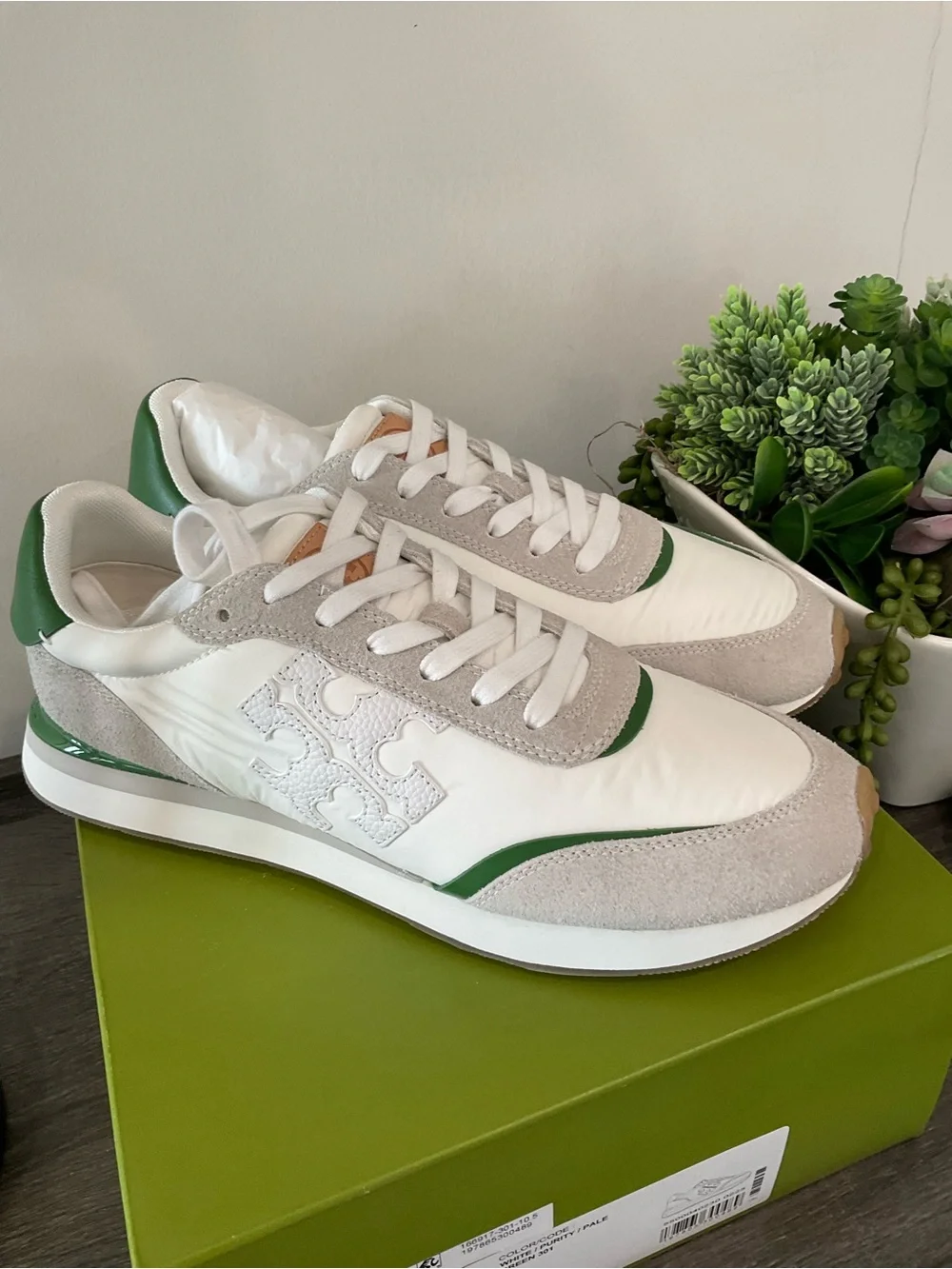 White & Green Leather Suede Sneakers